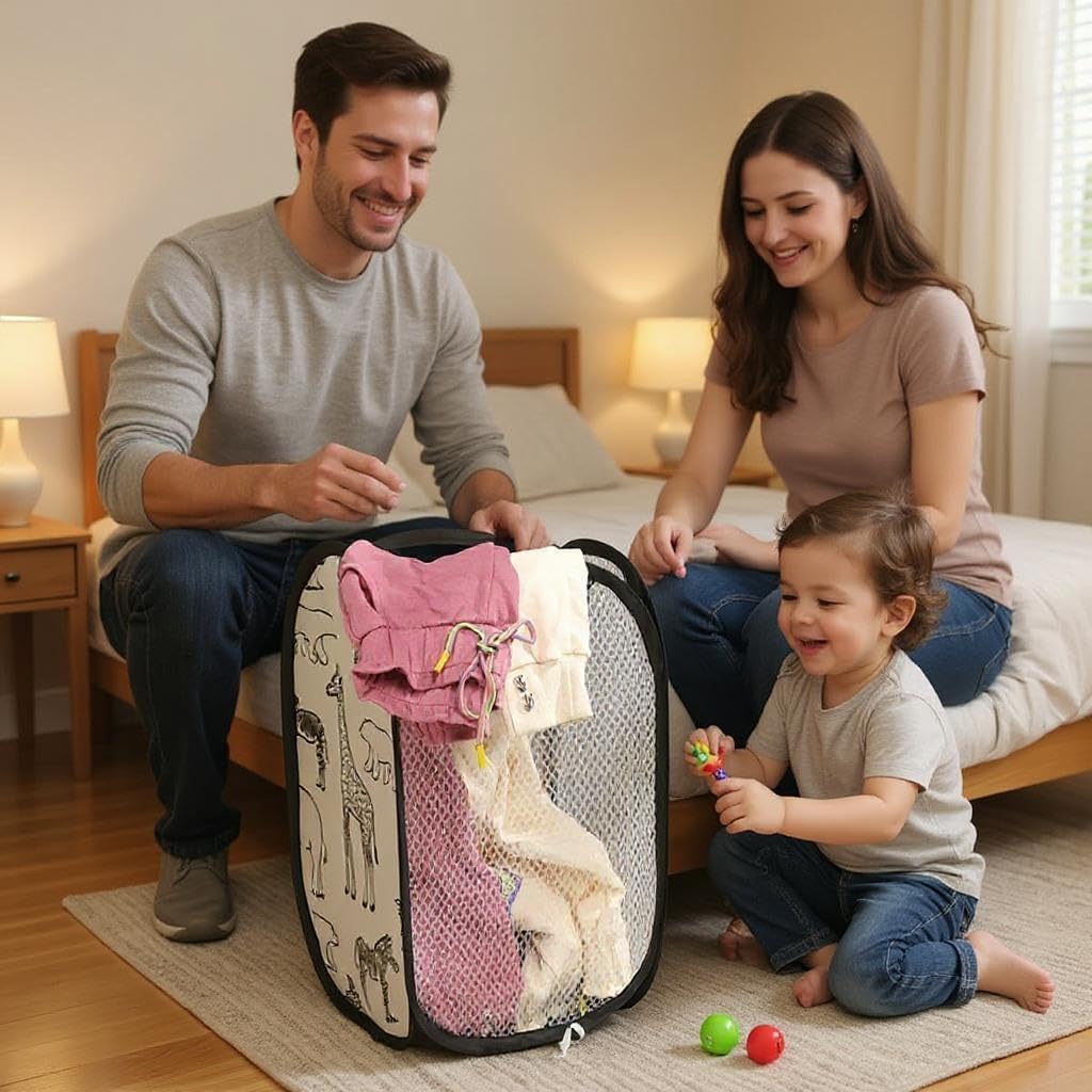 Nylon Collapsible Laundry Hamper Cartoon Design Space Saving Foldable Kids Laundry Basket Breathable Mesh Sides Carry Handles Portable Clothes Bin