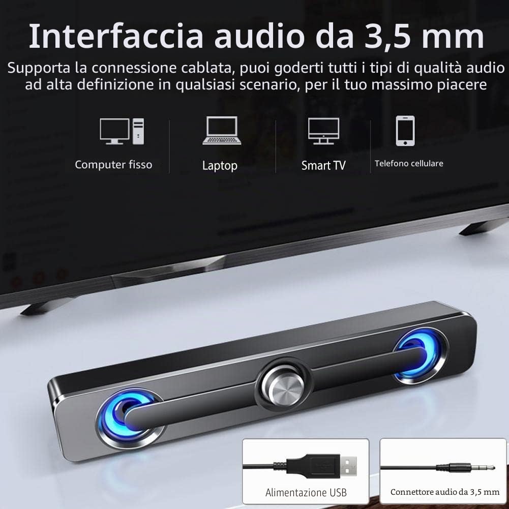 Soundbar per PC/Laptop,Casse PC,Altoparlante da Gioco Con Fantastiche Luci LED,Alimentazione USB, Jack da 3,5 mm, Altoparlanti PC per Computer, Mobile, Tablet,laptop