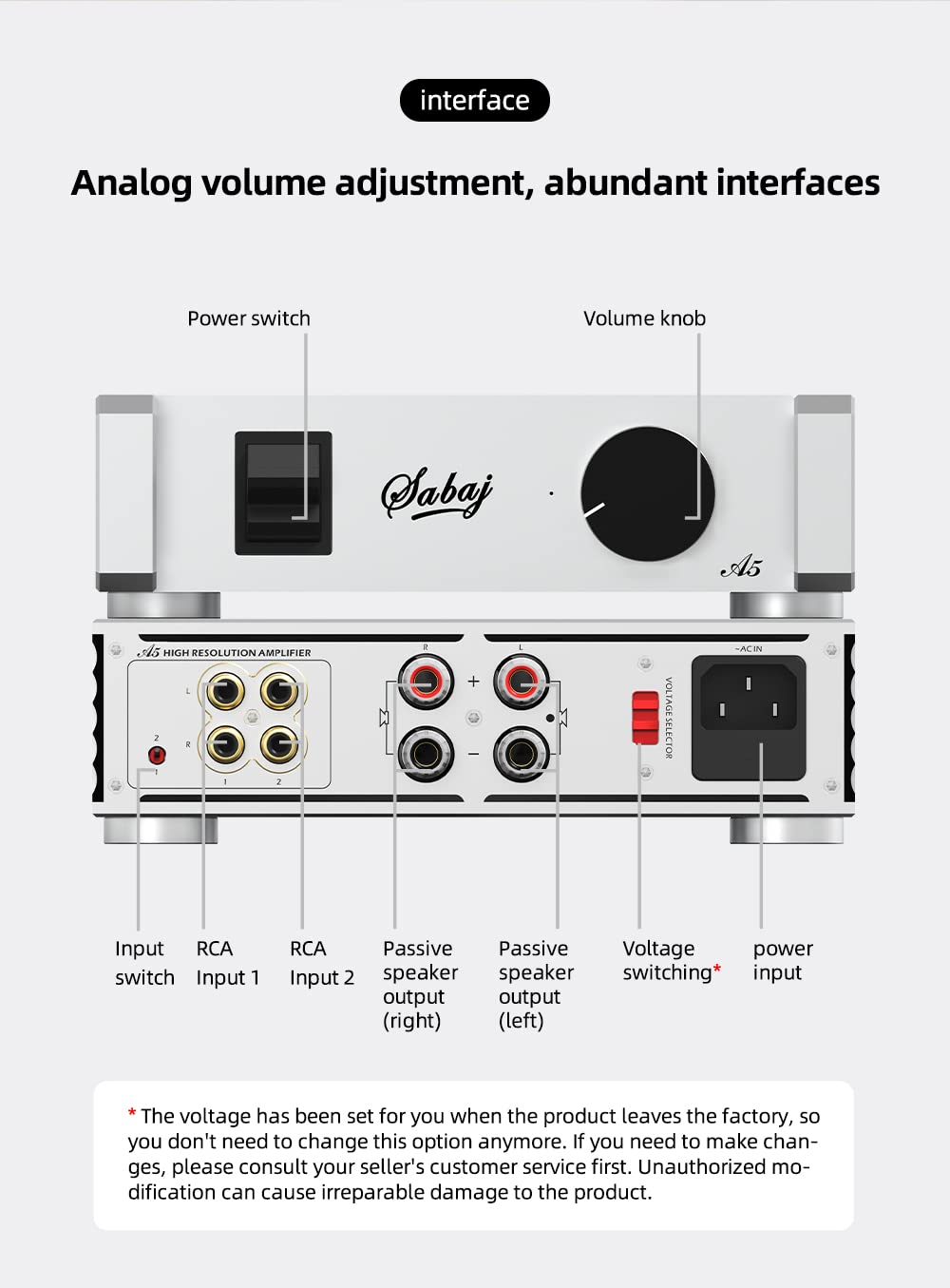 SABAJ A5 Amplificatore di potenza audio HiFi da tavolo (con telecomando)