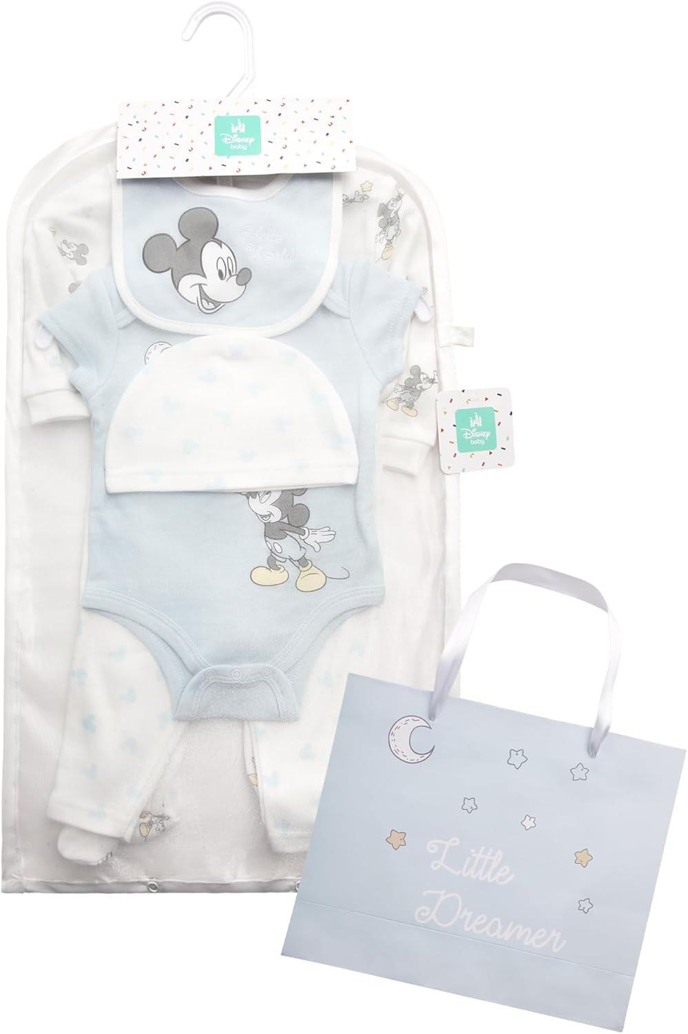 Disney Newborn Baby Girl Boy Clothes - 7 Piece Mickey Mouse Winnie the Pooh Bib Onesie Overall Beanie Pants Gift Bag Gift Set - Image 2