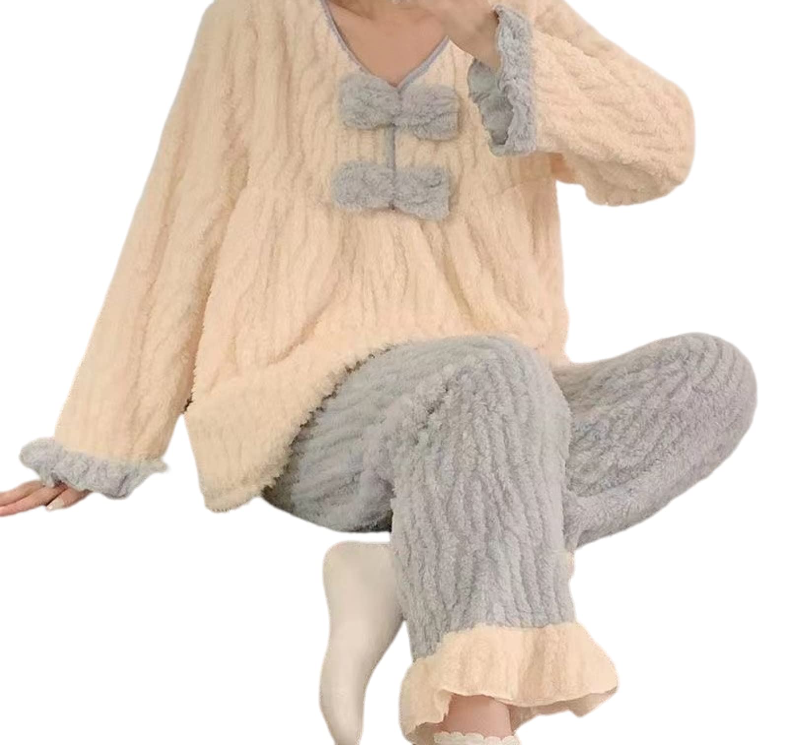 Set Pigiama in Pile Donna -Moda Autunno Inverno Pigiama di Flanella Set Donne Scollo A V Addensare Pigiama Caldo 2 Pezzi Home Abbigliamento Maniche Lunghe Homewear