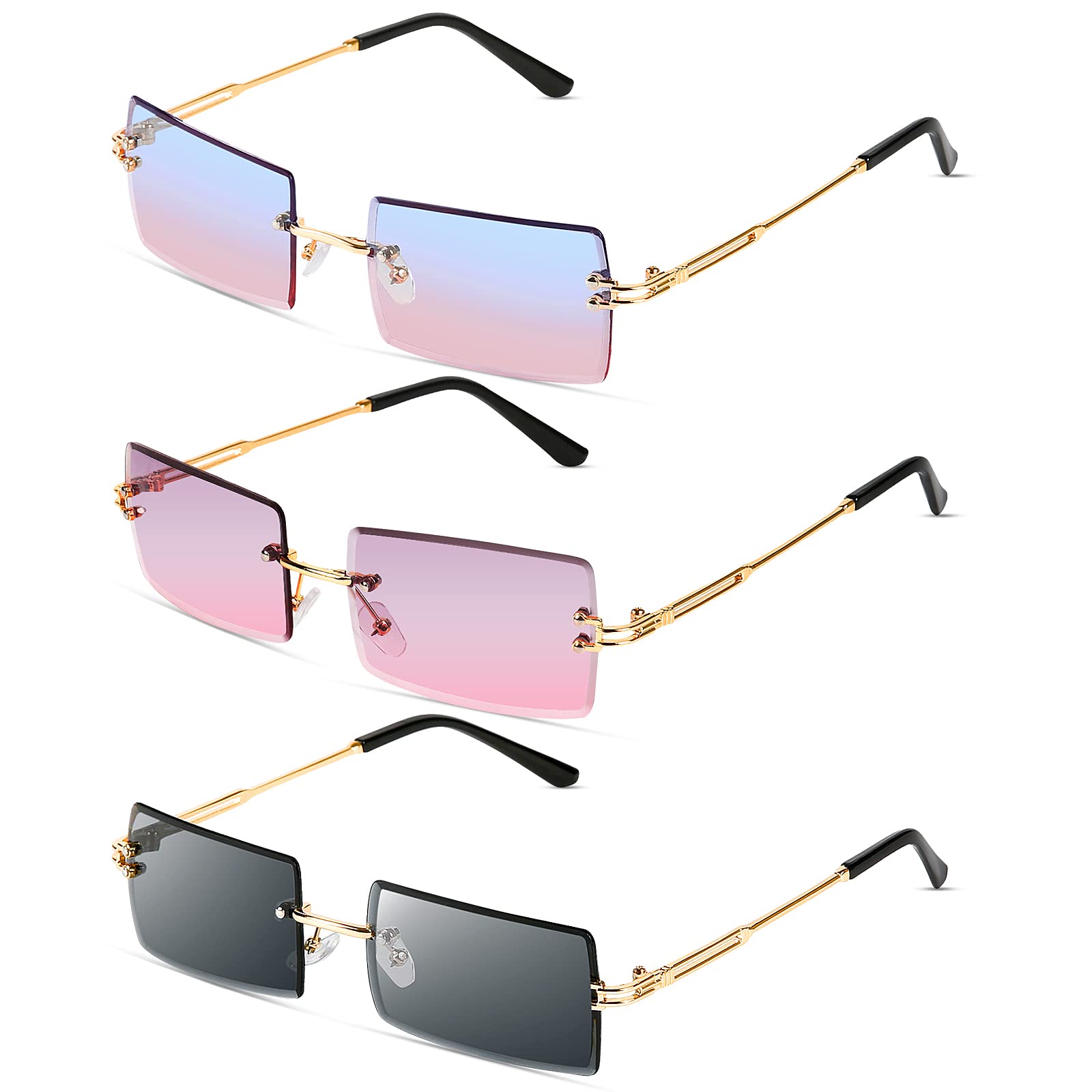 Comius SharpRectangular Rimless Sunglasses, Pack of 3 Retro Rectangular Sunglasses, Rimless for Women and Men
