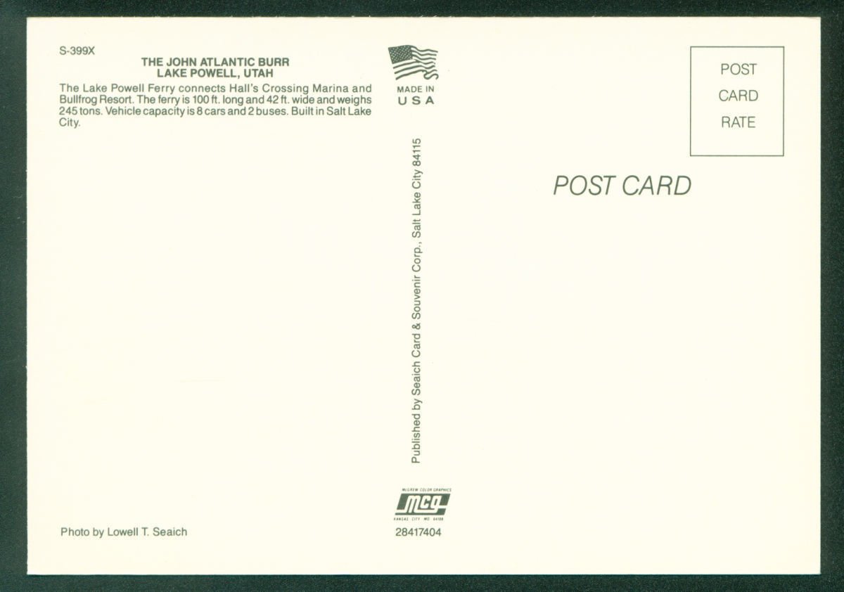 Amazon.com : John Atlantic Burr Lake Powell Ferry UTAH Halls Crossing  Marina UT Ship Postcard : Office Products