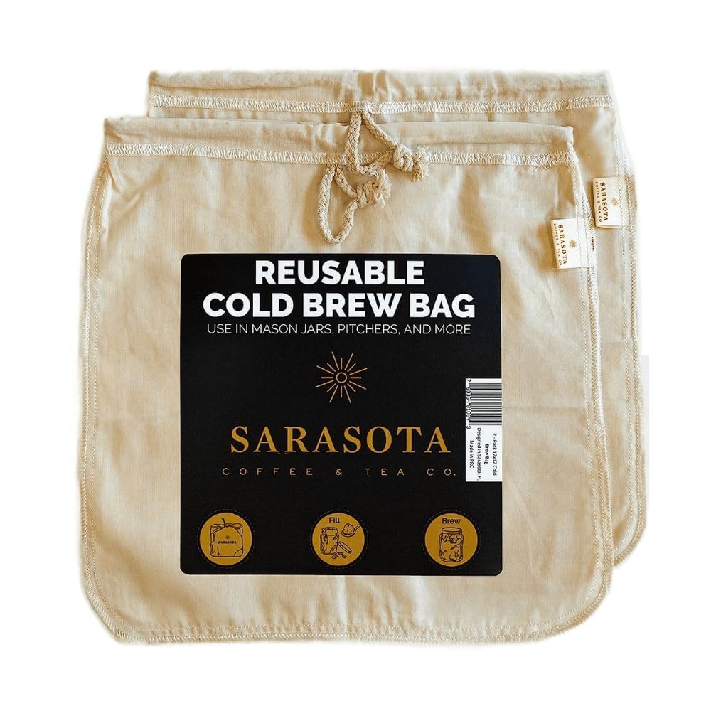 SARASOTA COFFEE & TEA CO.Cold Brew Filter Bag - Designed in FL - Reusable Filter with EasyOpen Drawstring Cold Brew Maker for Pitchers, Mason Jars, Toddy Systems (Large 12" x 12")