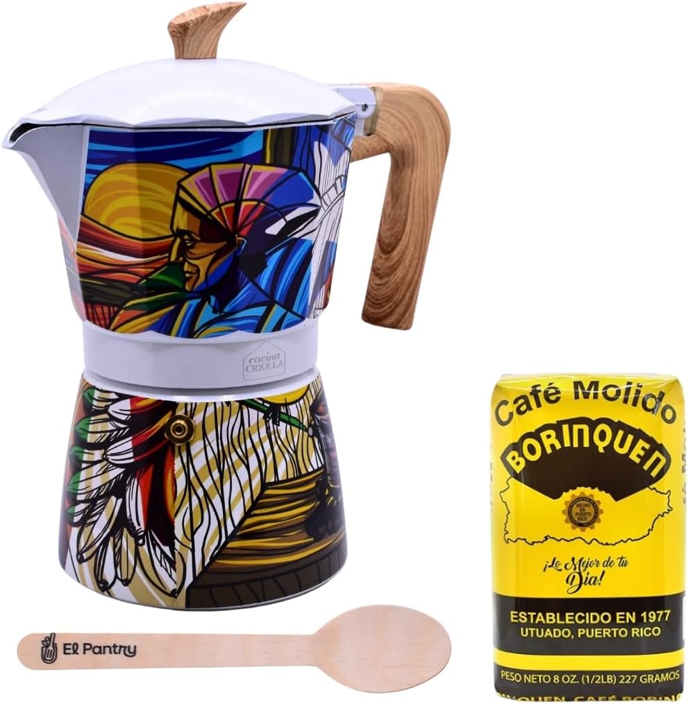 Puerto Rico Greca de Cafe Gift Set | Boricua Art Stovetop Coffee Maker & Moka Pot | with Authentic Cafe Borinquen | Cafetera, 6 Espresso Cups (Cafe Borinquen)