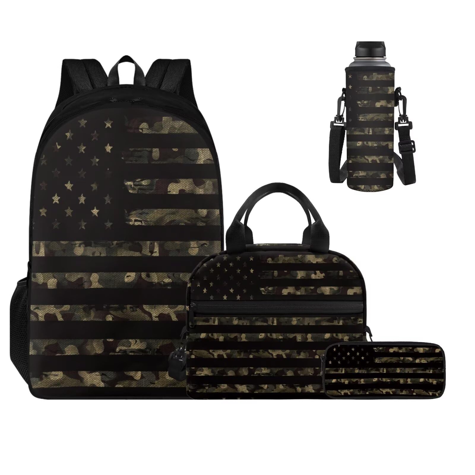 ELEDIZI Camo American Flag Backpack for Boys Kids Backpack with Lunch Box Water Bottle Sleeve and Big Pencil Case 4 Pcs Set 17" Large Capacity Bookbag