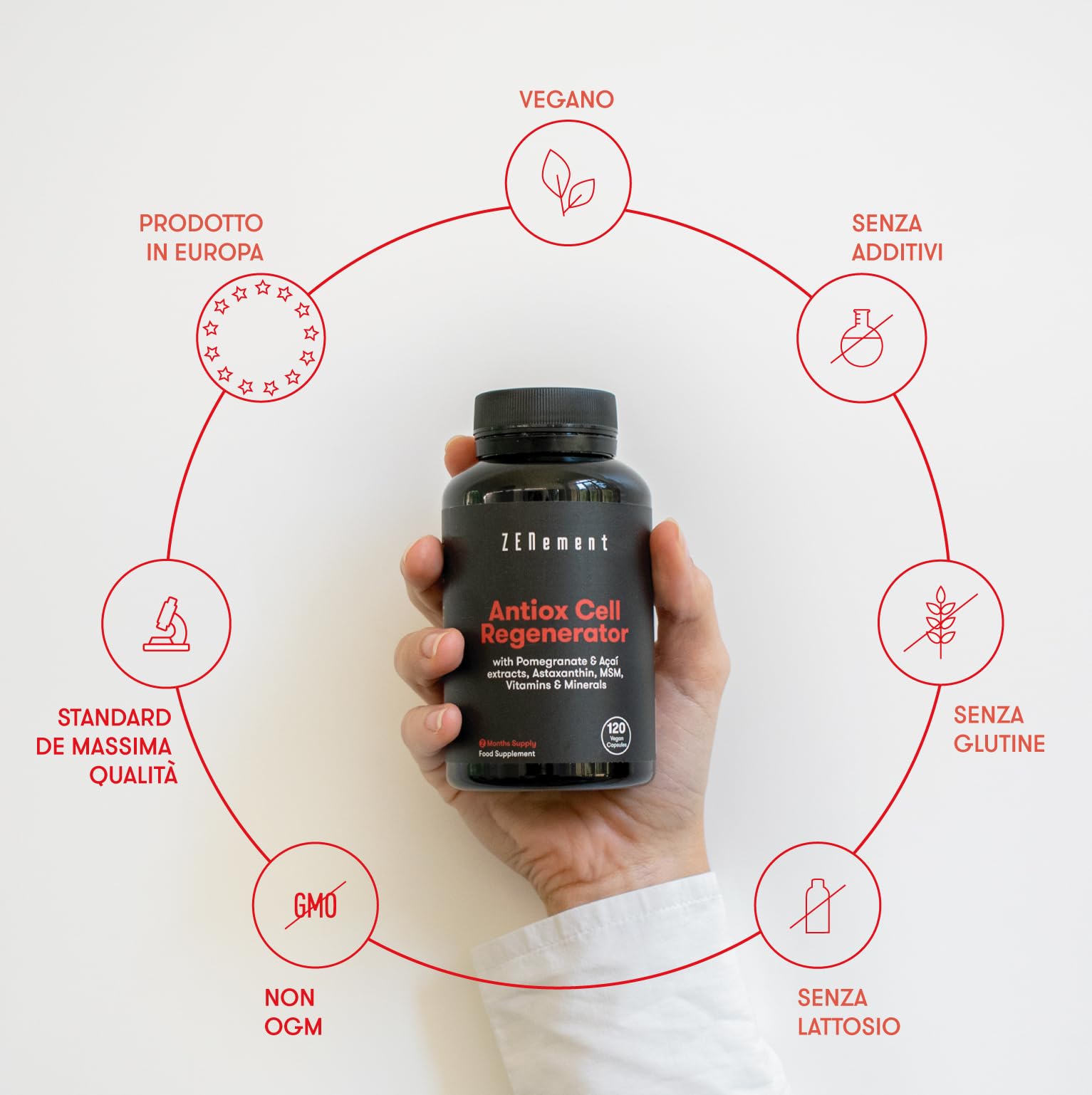 Antiossidante Rigeneratore Cellulare, Anti-invecchiamento, con melograno, Açaí, Astaxantina, MSM, Vitamine C ed E e Minerali (zinco, selenio e rame), 120 capsule | Zenement