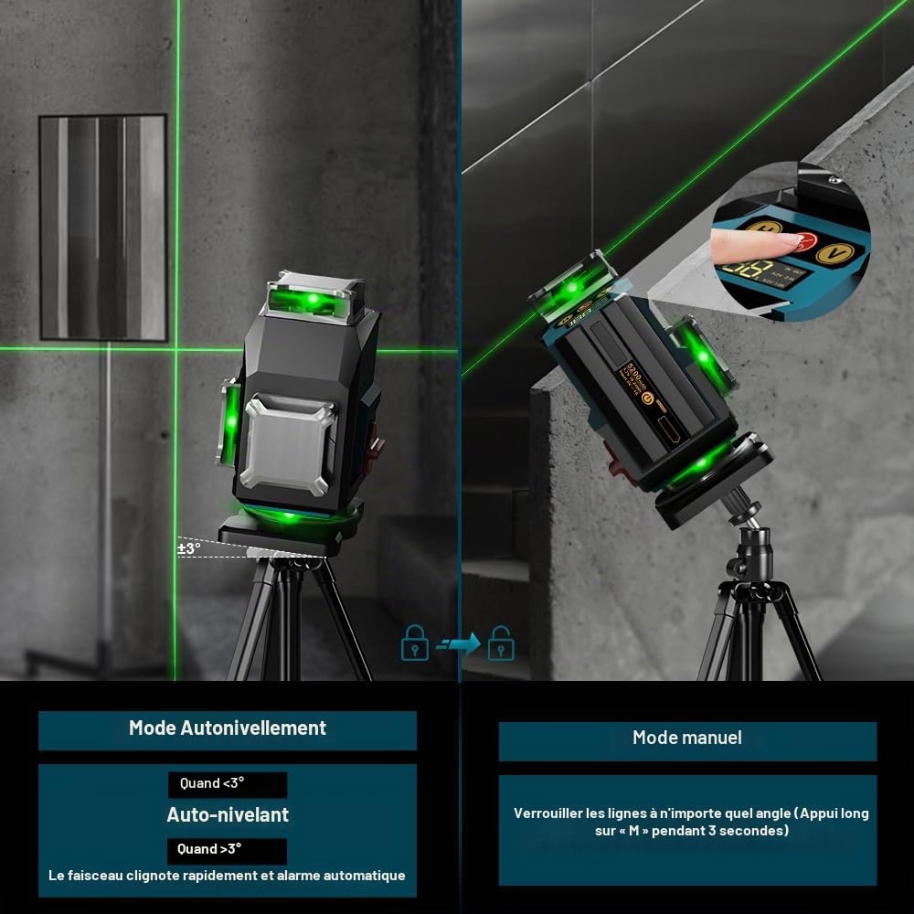 Niveau Laser Autonivelant 360° x 4, Laser Chantier Avec trépied, 4D 16 Lignes Lazer Niveaux Vert, 2 Batteries Lithium 5200mAh et Télécommande, Pour Décoration de Maison, Construction de Bâtiments