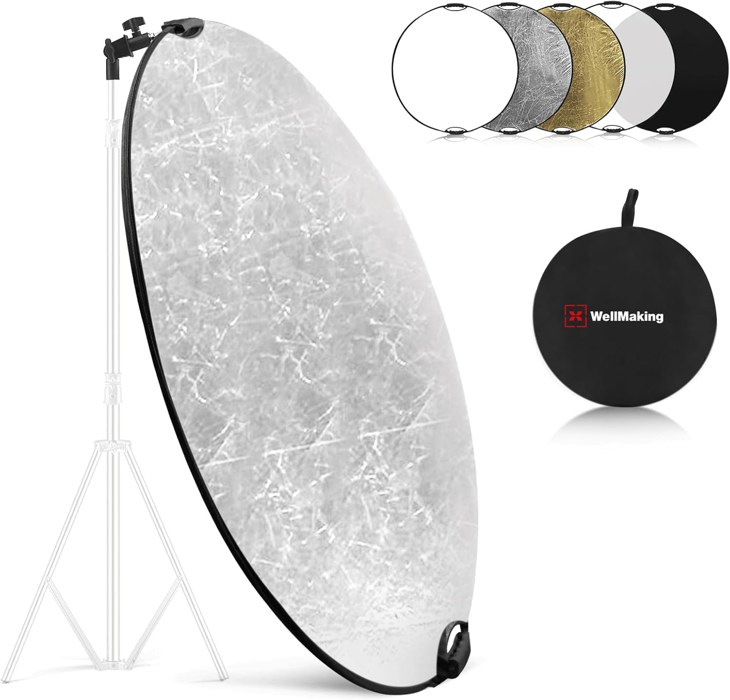 WELLMAKING 80cm Fotoreflektor, zusammenklappbarer Lichtreflektor mit Tasche & Neigungsadapter, 5 in 1 Griffreflektor für Studio & Außenbeleuchtung - transparent, Silber, Gold, weiß, schwarz