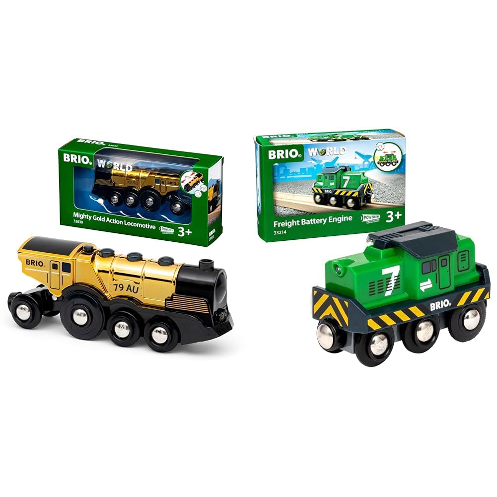 BRIO World 33630 - Goldene Batterielok mit Licht und Sound & World 33214 Batterie-Frachtlok - Grüne Batterie-Lok mit Frontscheinwerfern