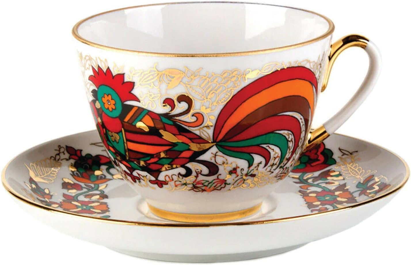 Imperial Lomonosov Porcelain Cup and Saucer Set Collection (Spring Red Rooster)