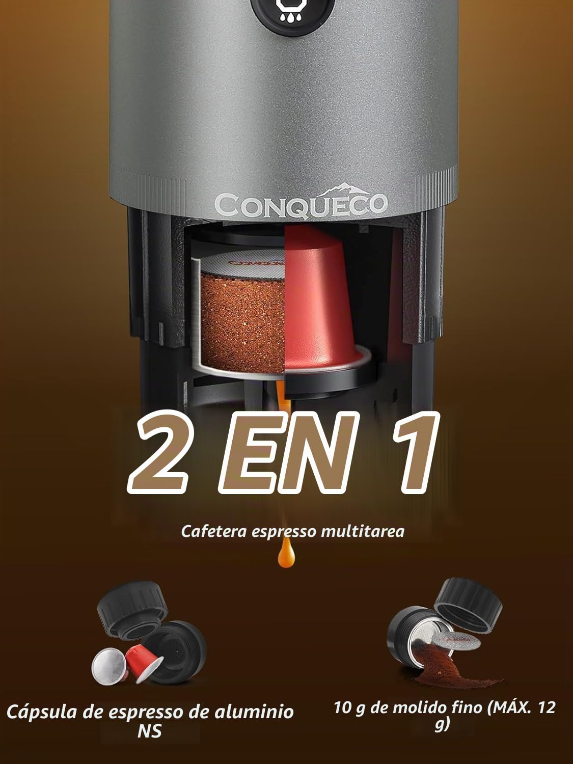 CONQUECO Máquina de café expreso portátil – Cafetera eléctrica de viaje con batería – para 12 V coche y camión y camping – Compatible con la cápsula Nespresso y la cápsula L'or
