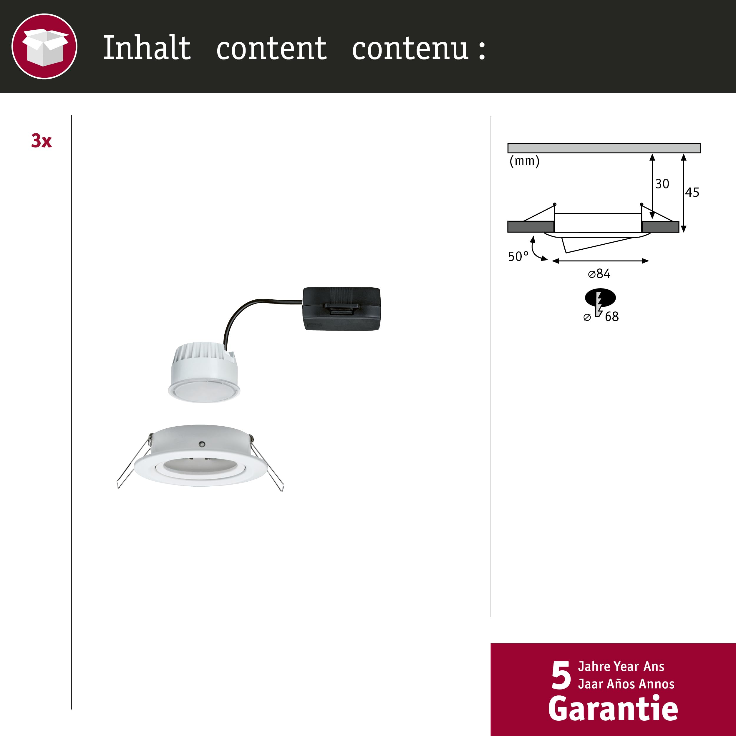 Paulmann 93449 Spots LED encastrés Nova Coin Set de base orientable rond 84 mm 50° Coin 3x6W 3x470lm 230V 2700K blanc dépoli