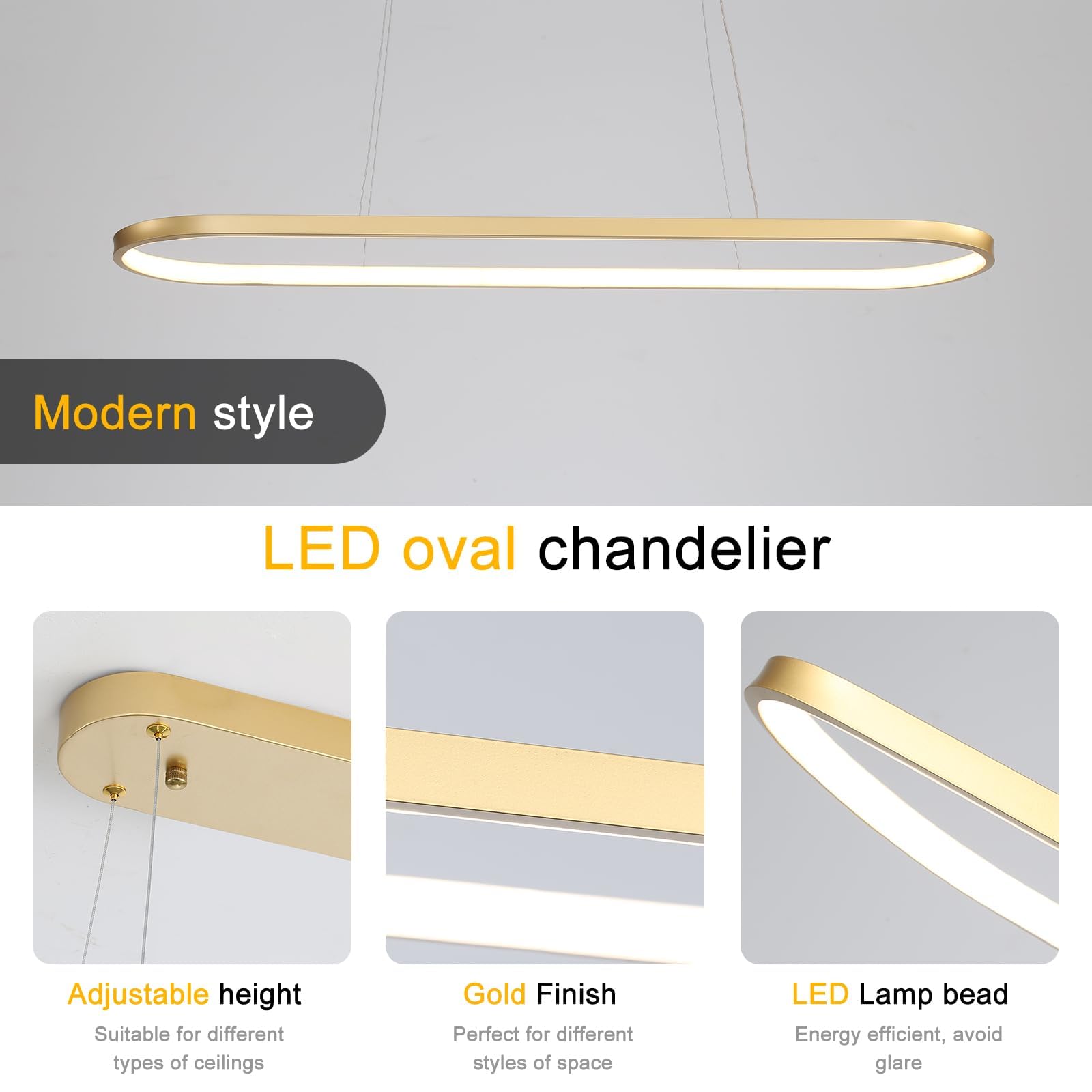 Lampadario Ovale Lampadari a LED Dimmerabile Plafoniera Ad Anello Lampadario moderno Tavolo Pranzo Con Telecomando Altezza Regolabile Per Soggiorno Sala da Pranzo Cucina Studio Oro 90cm