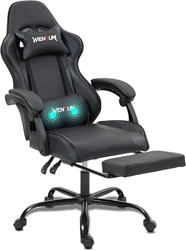 Silla para videojuegos, silla de videojuegos con reposapiés y soporte lumbar de masaje, silla ergonómica de computadora ajustable en altura con