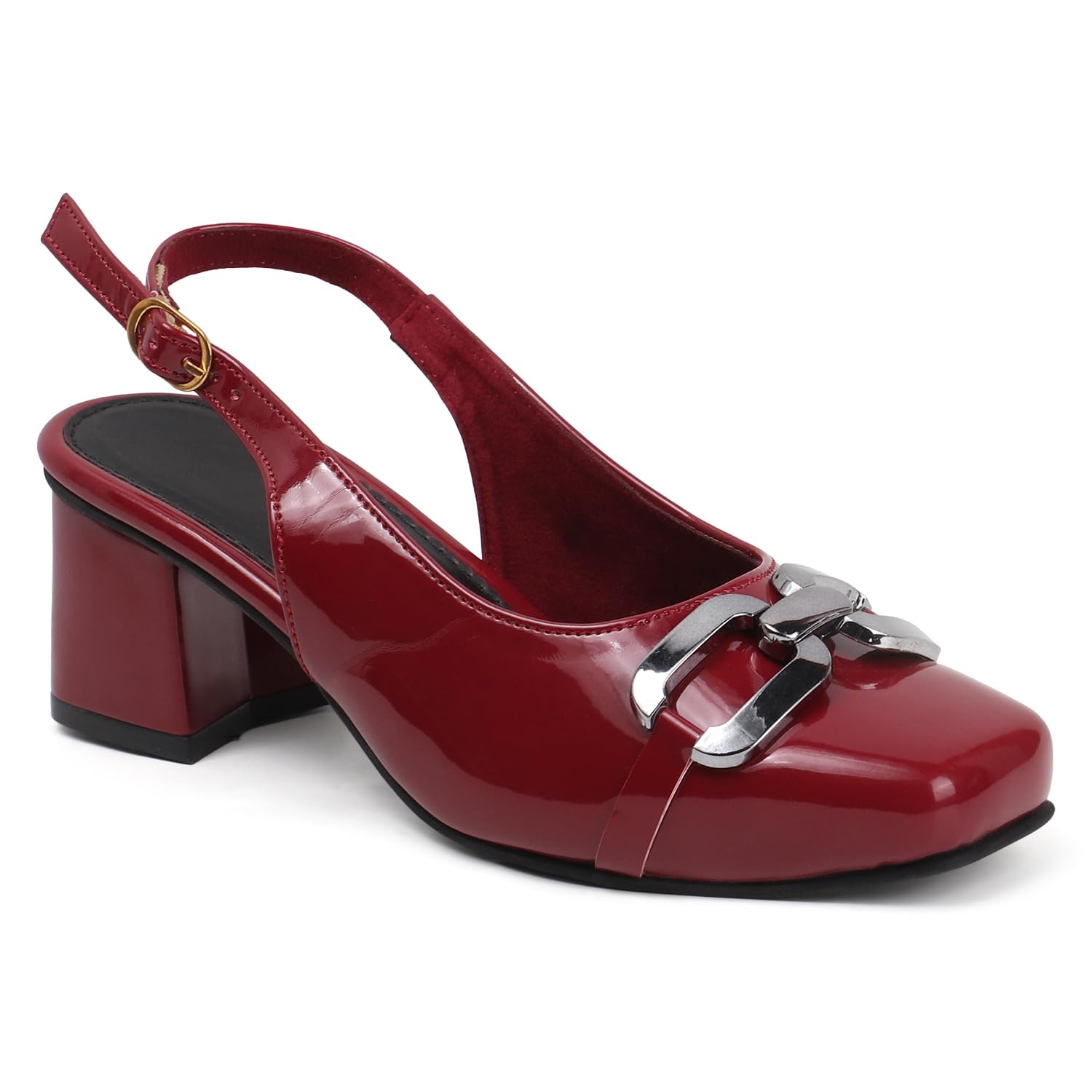 Women's Red Patent Leather Slingback Heels with Silver Chain Buckle, Block Heel, Square Toe-image-33