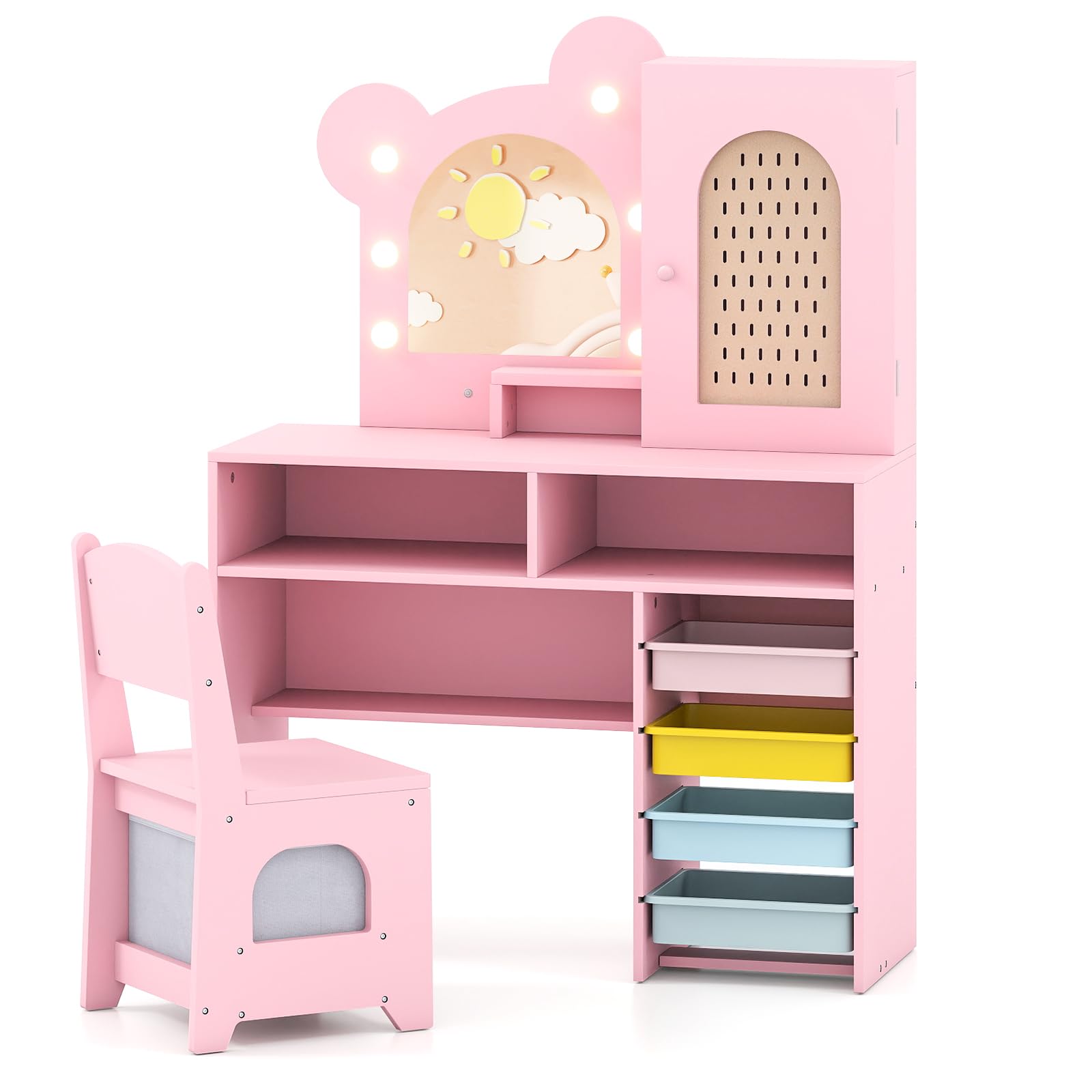 RELAX4LIFE Toeletta Trucco per Bambini con Luci, 3 Colori e Luminosità Regolabile, Set di Tavolo e Sedia on 5 Cassetti e 2 Scomparti, Postazione Trucco per Bambini 3+ Anni (Rosa)