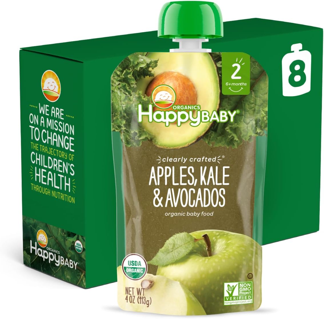 Happy Baby Organics Clearly Crafted Stage 2 Baby Food, Apples, Kale and Avocadoes, 4 Ounce (8 Count)