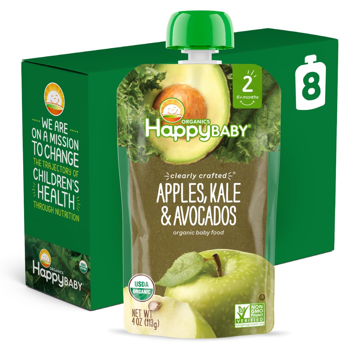 Happy Baby Organics Clearly Crafted Stage 2 Baby Food, Apples, Kale and Avocadoes, 4 Ounce (8 Count) (Pack of 2)
