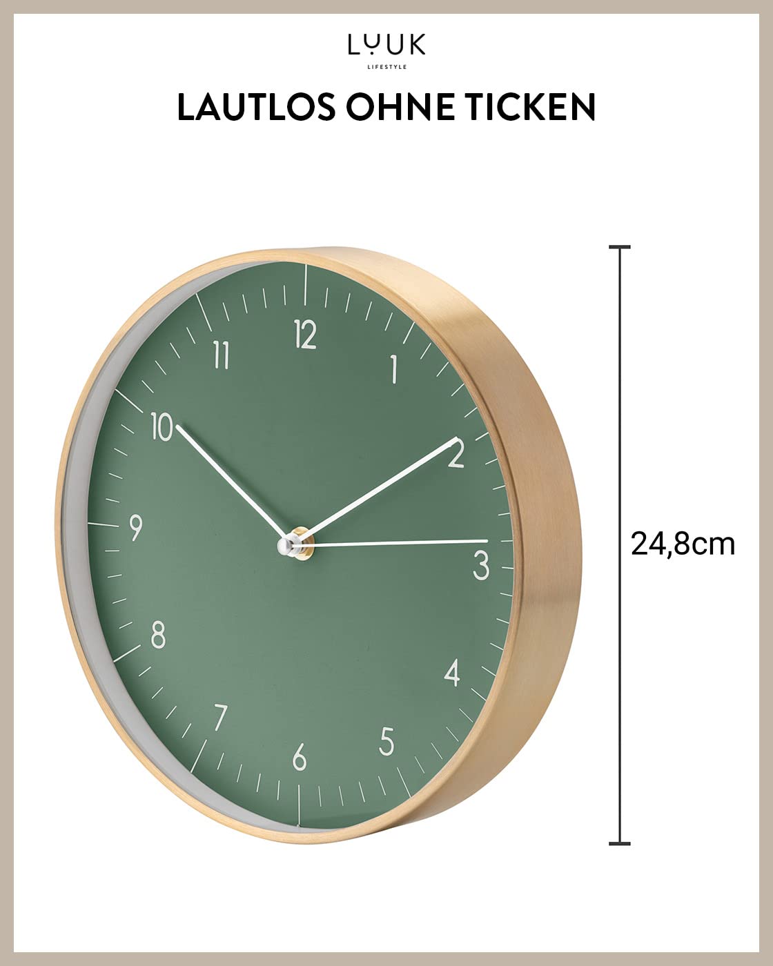 LUUK LIFESTYLE Geräuschlose Wanduhr mit Quarz Uhrwerk, minimalistisch & modern, Deko Geschenk für Einzug, 24cm groß, in grün und Gold