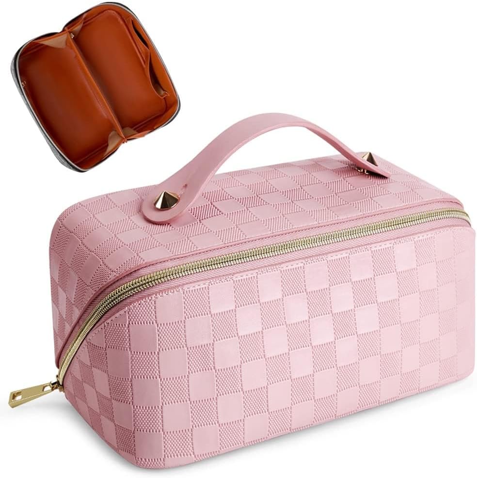 Cessfle Large Capacity Travel Cosmetic Bag Plaid Checkered Makeup Bag Portable Leather Waterproof Skincare Bag with Handle and Divider for Women 01-Pink