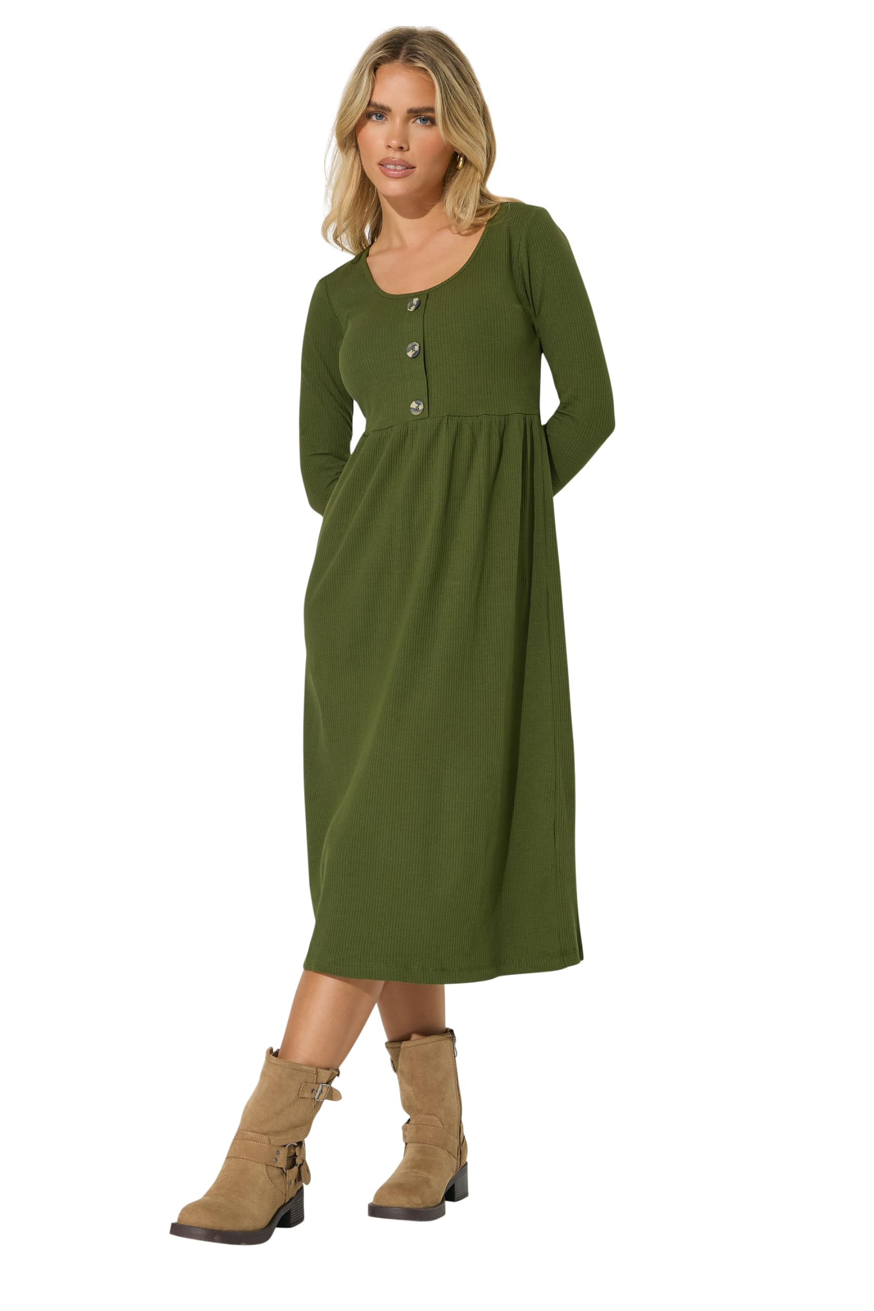 Pixiegirl Women's Green Petite Khaki Ribbed Button Midi Dress Size 8