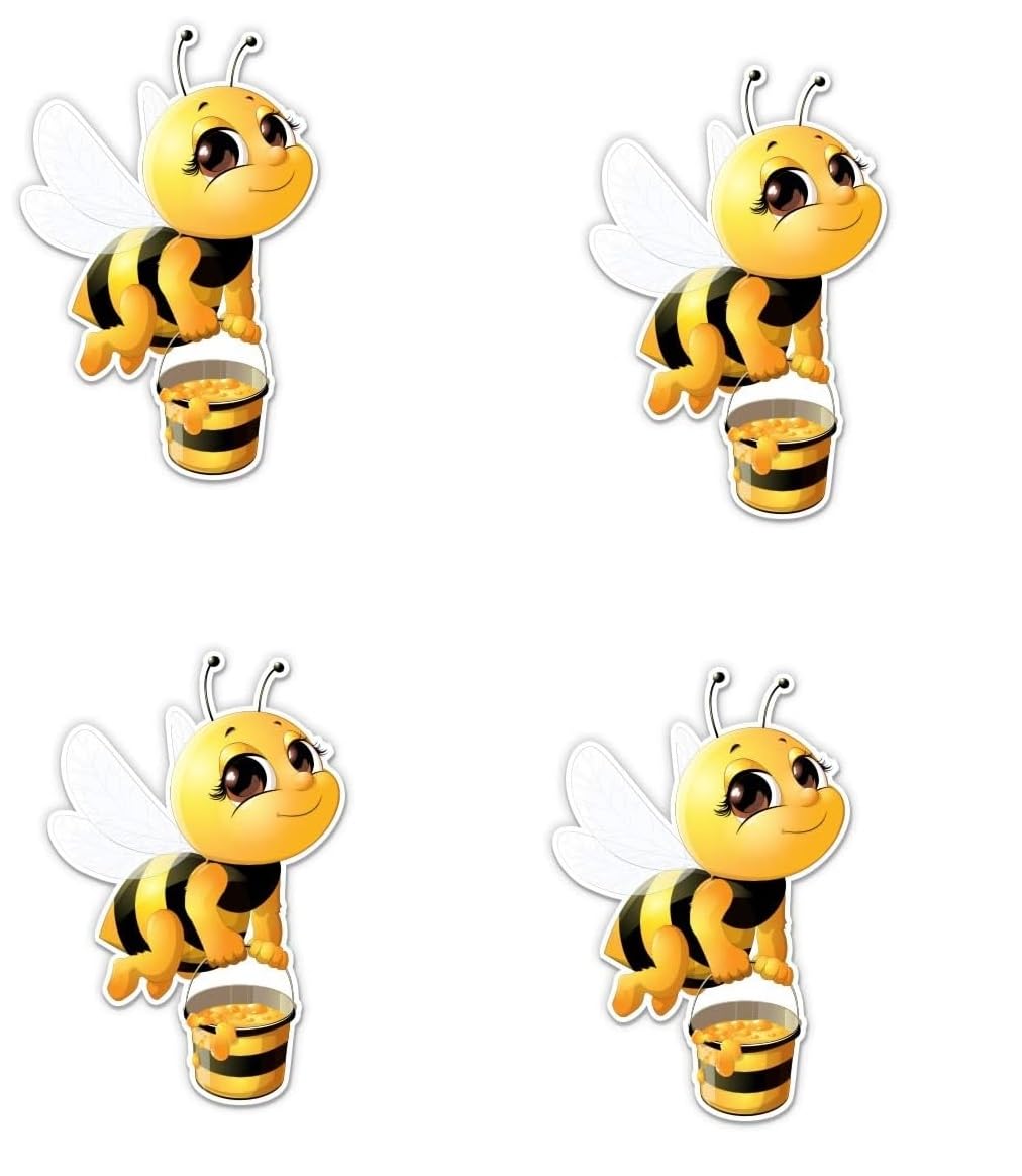 Pack of 4-3 Inch Stickers - Cute Little Honey Bee Eating Honey - Vinyl Sticker - for Car Laptop Water Bottle Phone - Waterproof Decal - Sticker