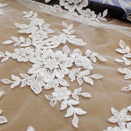 51 Inches Off White Floral Embroidery Mesh Lace Fabric With Sequins Dotted, White Beaded Bridal Tulle Lace Fabric Scalloped Edging Wedding Dress Veil Veiling By The Yard #TOP3