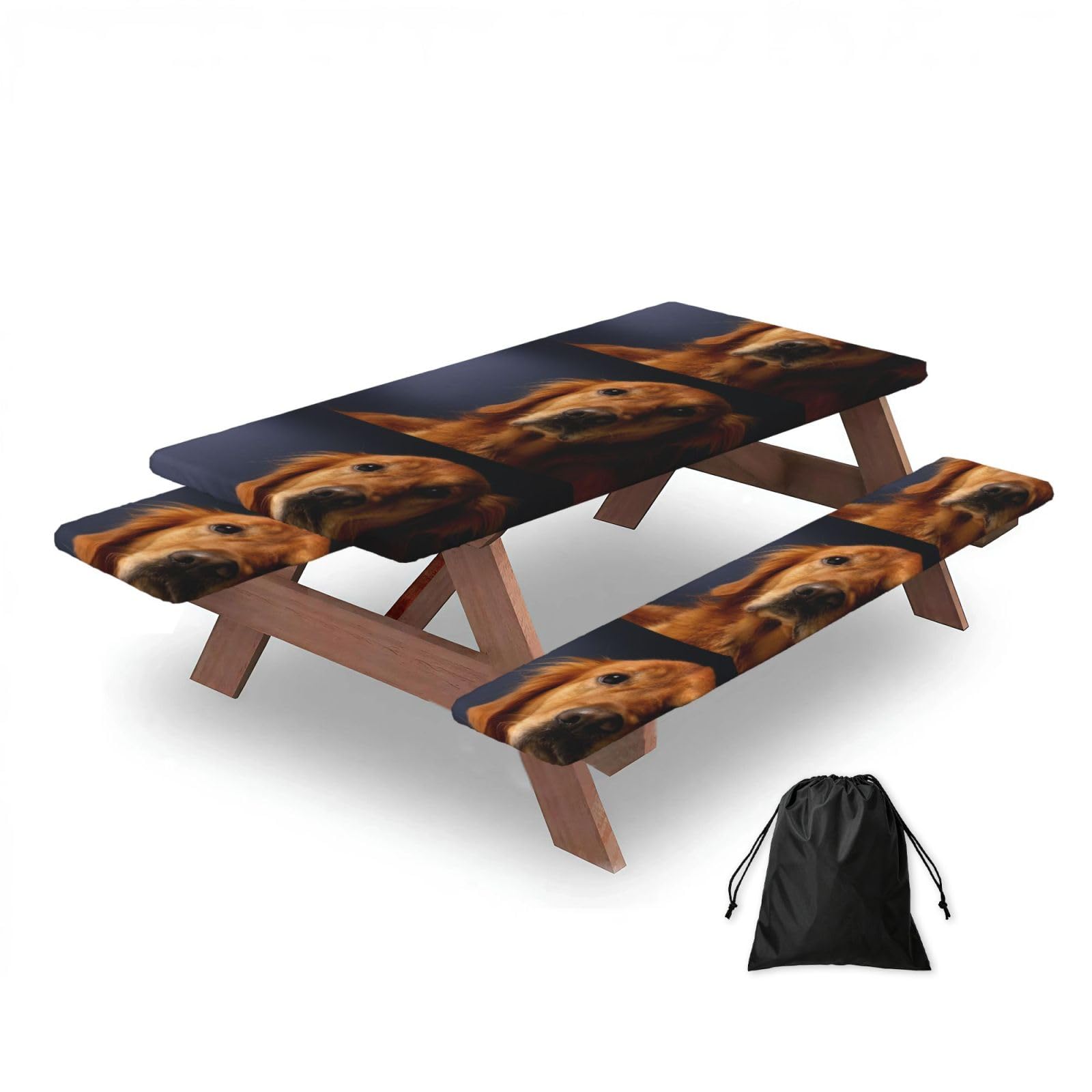 Golden Retriever, Picnic Table Cover With Bench Covers -Waterproof Elastic Fitted Tablecloth for Garden Camping Patio 76x152cm