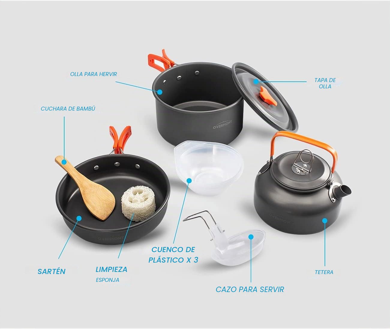 OVERMONT 14Pcs Kit de Utensilios Cocina Camping Olla Sartén Tetera Vajilla para Acampada Senderismo Excursión al Aire Llibre de Aluminio