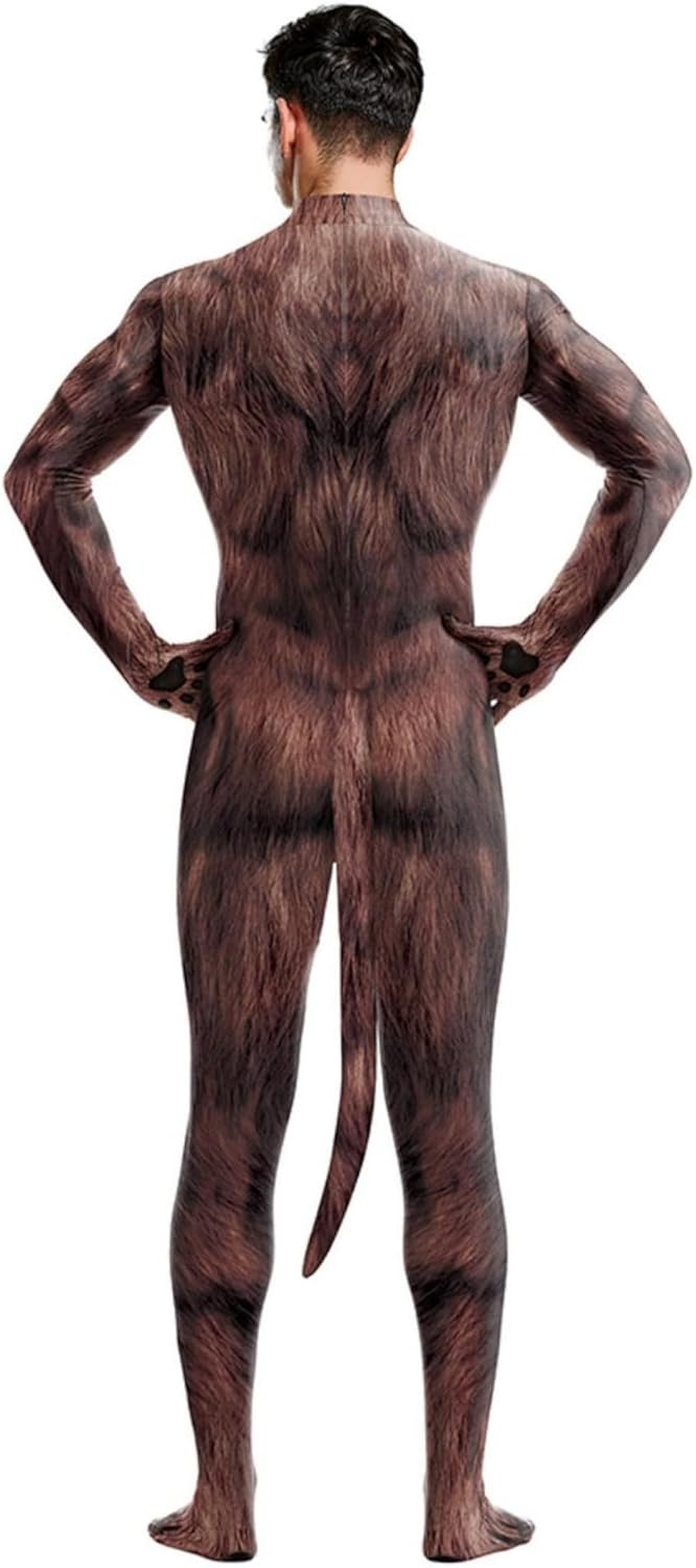 Men's Halloween Bodysuit Muscle Animal Printed Cosplay Skinny Catsuit Fullbody Jumpsuit Costumes with Tail - Image 3