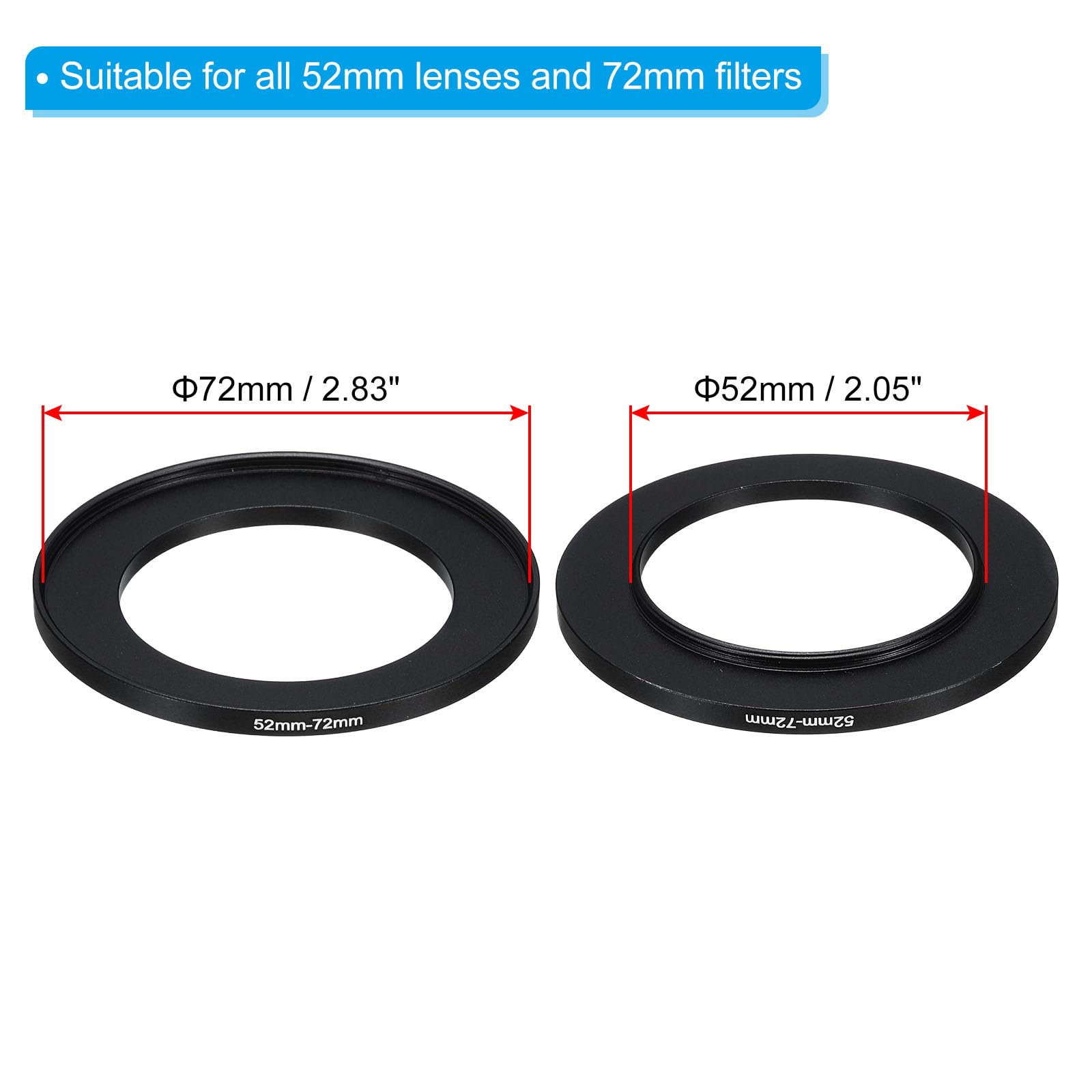 PATIKIL Bague d'adaptation en métal 52-72mm Lot de 2 pour Filtre d'objectif d'appareil Photo Aluminium Noir