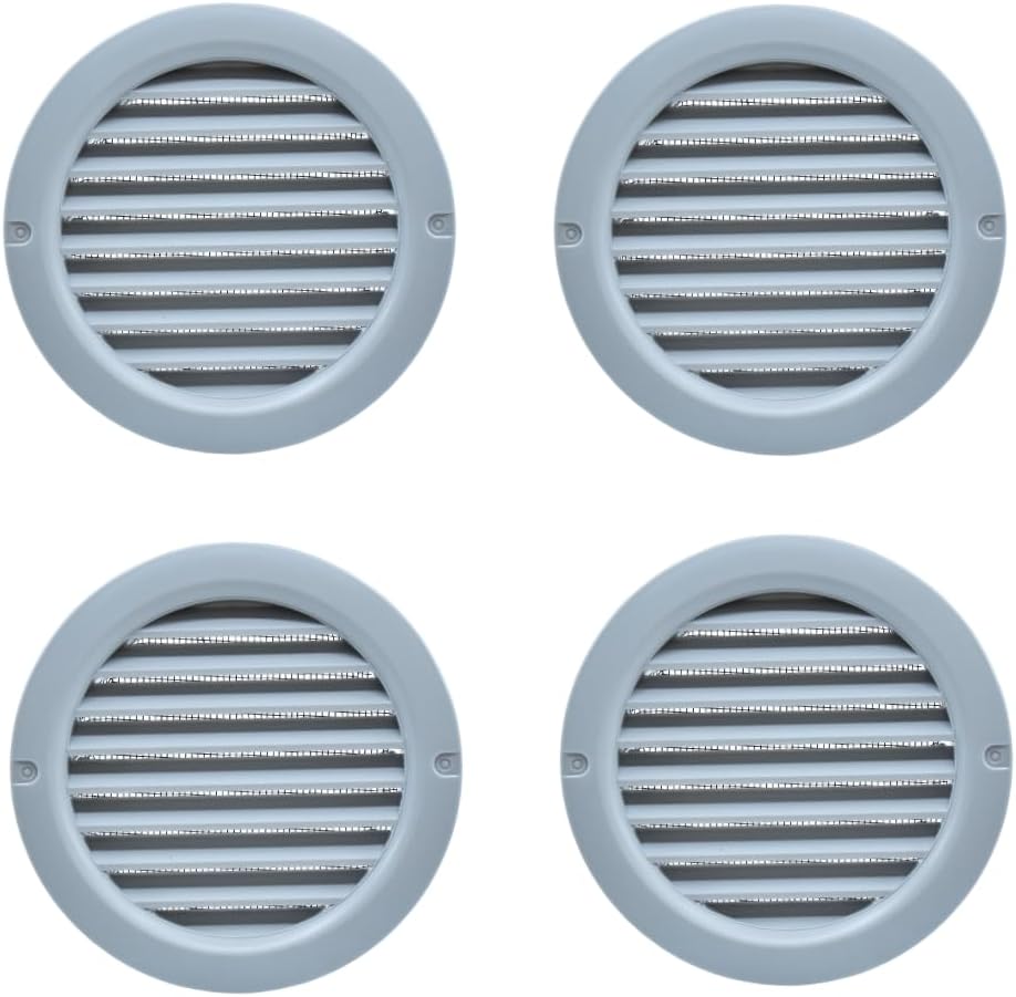 VENTS-US - 4" Round Light Grey Plastic Vent Cover for Air Supply or Exhaust Air Applications - Built-in Insect Screen Mesh and Flange Included - Compatible with a 4 Inch Duct Diameter (4-Pack)