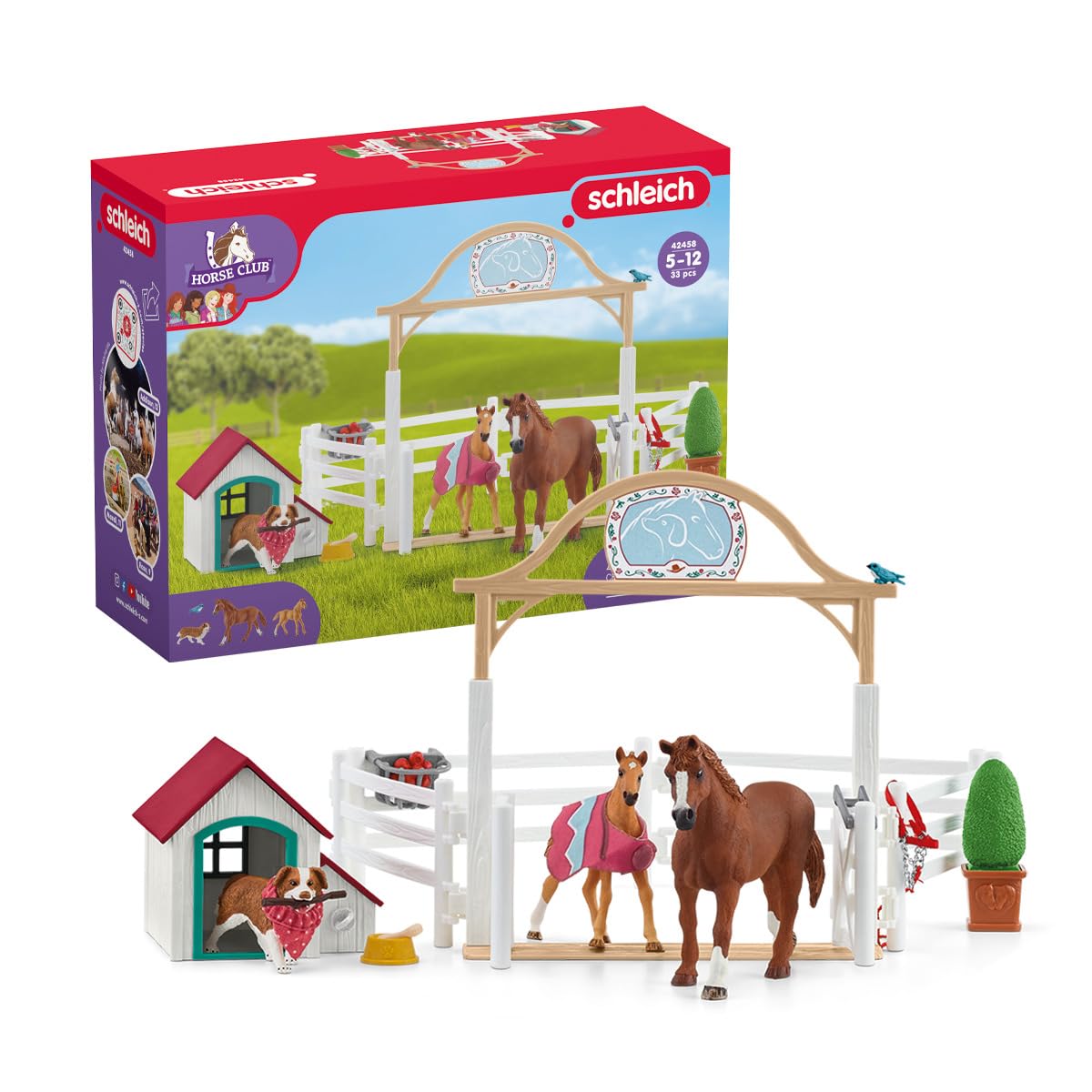 Schleich Horse Club | Hannahs Gastpferde mit Hündin Ruby 42458 | 33 Teile | Spielset ab 6 Jahren | Set mit Figuren, vielen Funktionen und zahlreichem Zubehör | detailgetreues Pferdespielzeug