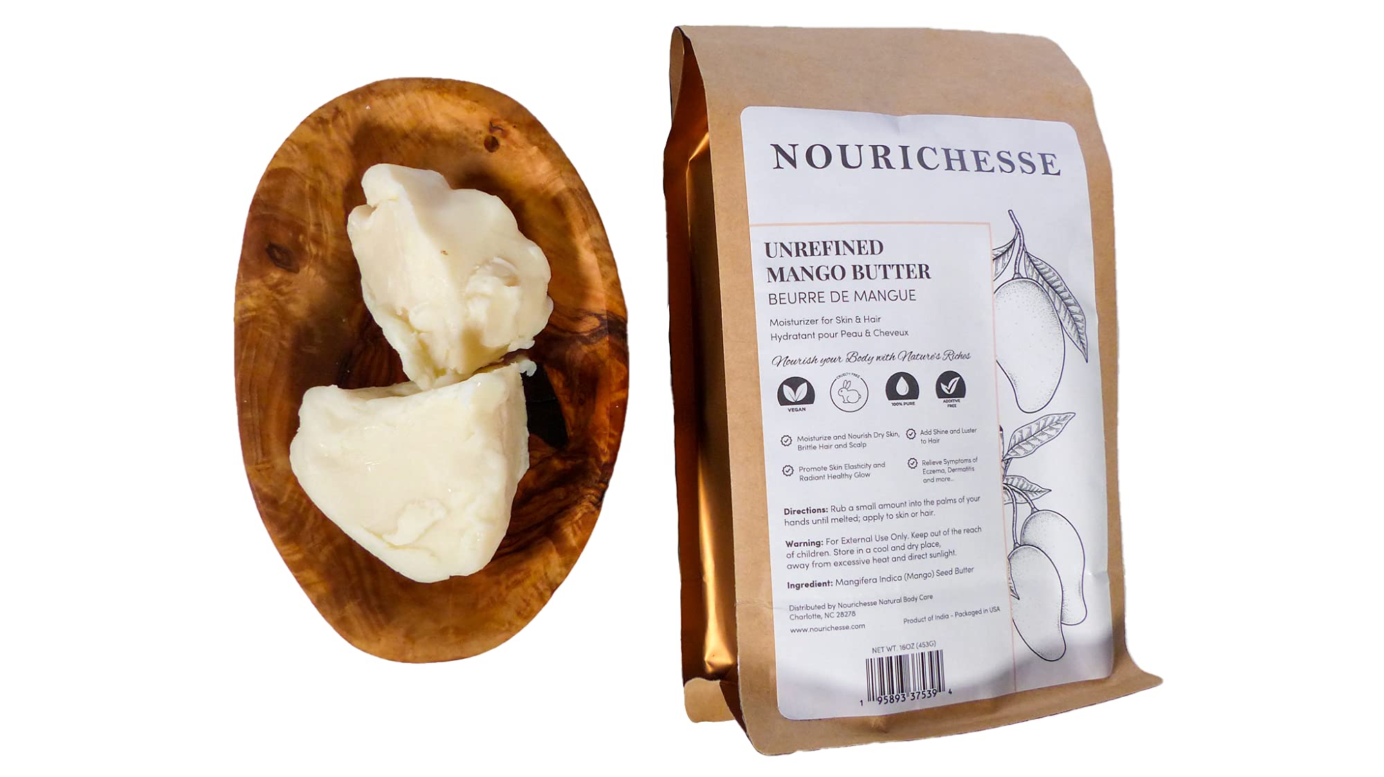 Unrefined Mango Butter - 1LB (16oz) Block, 100% Pure Raw Mango Butter