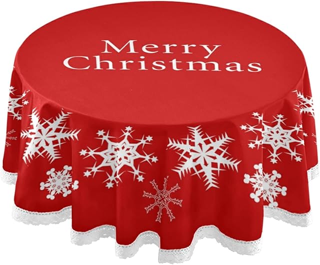 Mnsruu Red Christmas Snowflake Round Tablecloths, Circular Table Cover Washable Polyester for Buffet Table, Parties, Holiday Dinner 60 Inch