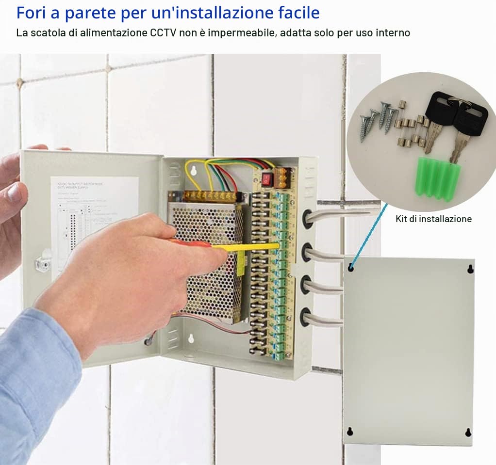 Alimentatore 12V 20A 18 Canali CCTV 240W, Trasformatore 220V a 12V per Telecamere Videosorveglianza, Uscita Regolata Scatola Alimentazione DC