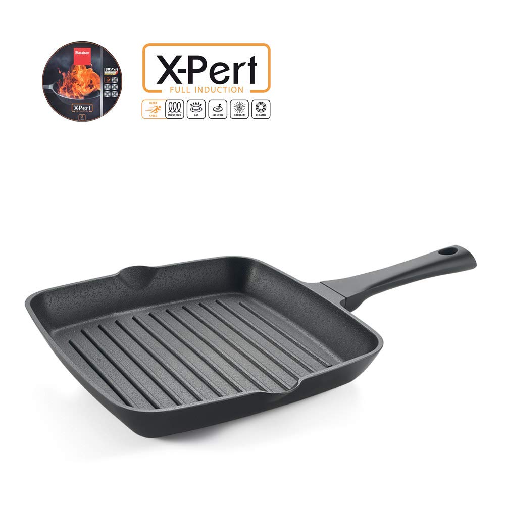 METALTEX XPERT -Sartén Plancha Grill Aluminio Fundido, 28x28 cm, antiadherente 3 capas ILAG, Full Induction válido para Todo Tipo de cocinas