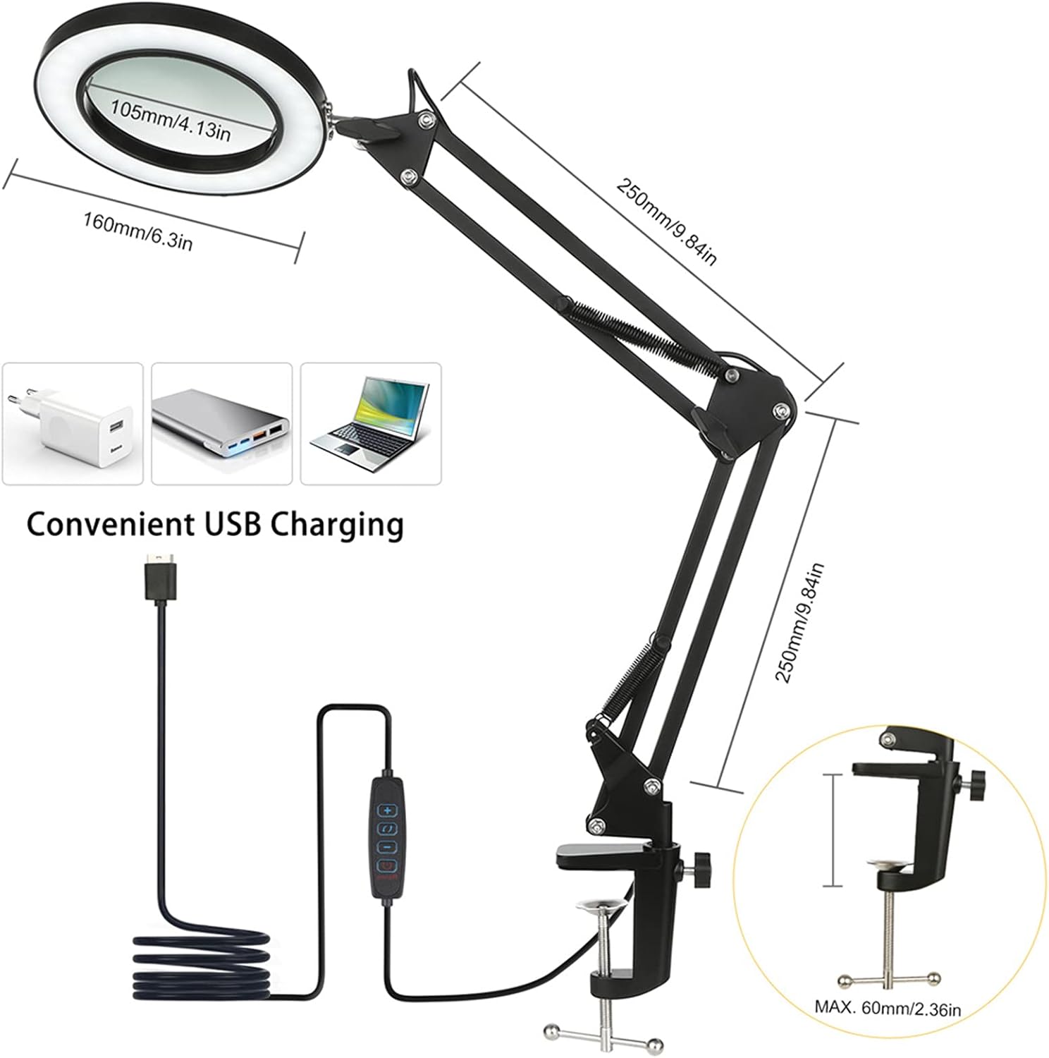 Magnifying Lamp with Clamp,8X Magnifier Lamps 3 Colors & 10 Brightness Magnifying Glass Led Lamp, 19 Inch Adjustable Swivel Arm Lamp Craft Light Black