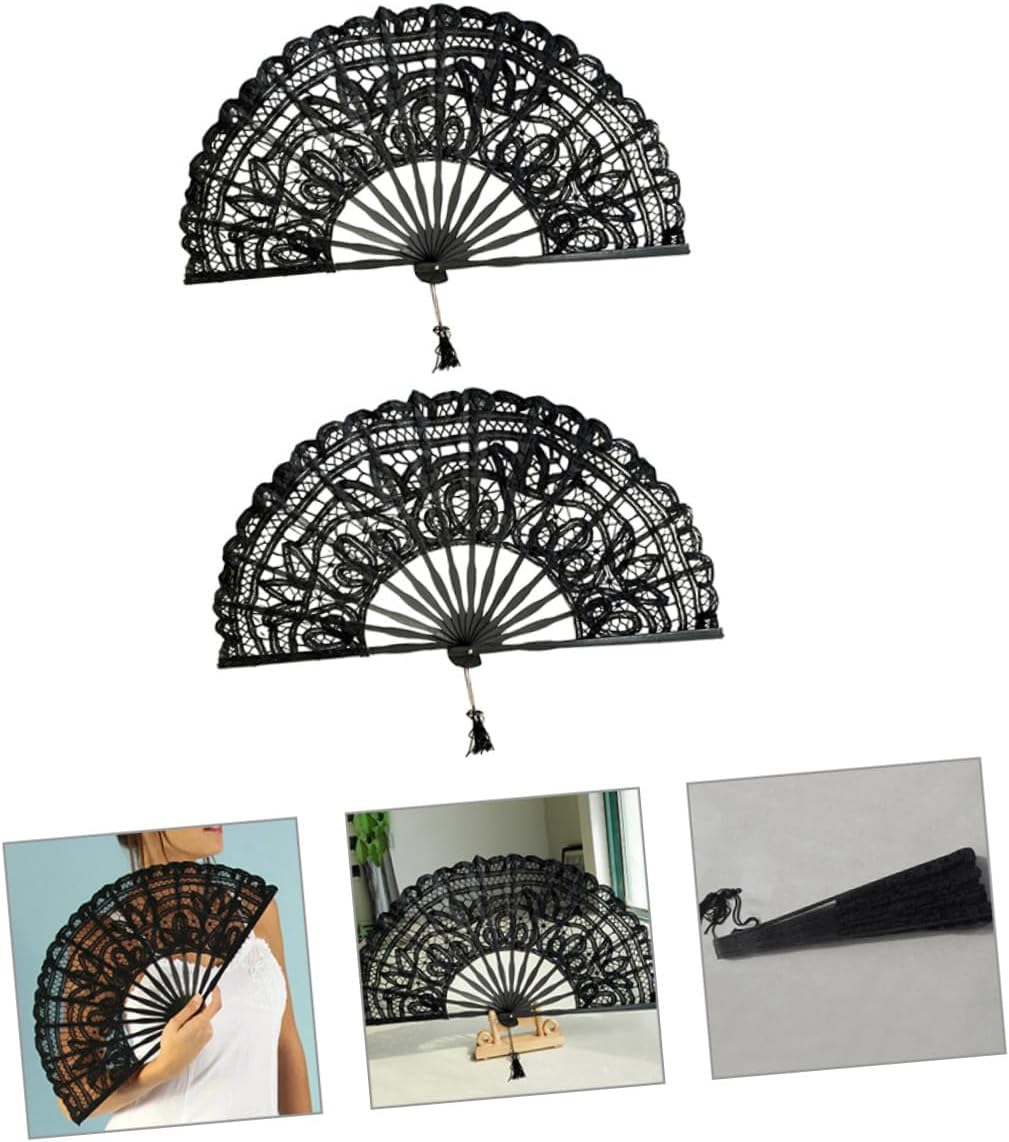 2pcs 27cm Black Lace Handheld Folding Fans Vintage Frame Wedding Fans for Bridal Tea Party Dance Performance