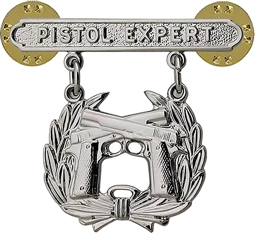 US ARMY Marine Corps PISTOL QUALIFICATION EXPERT Shooting Badge Pin SILVER