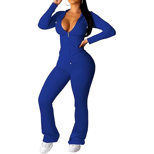 PINSV Women 2 Piece Outfits Workout Bodycon Tracksuit Long Sleeve Zip Up Hoodie Jacket Matching Flared Pants Sets