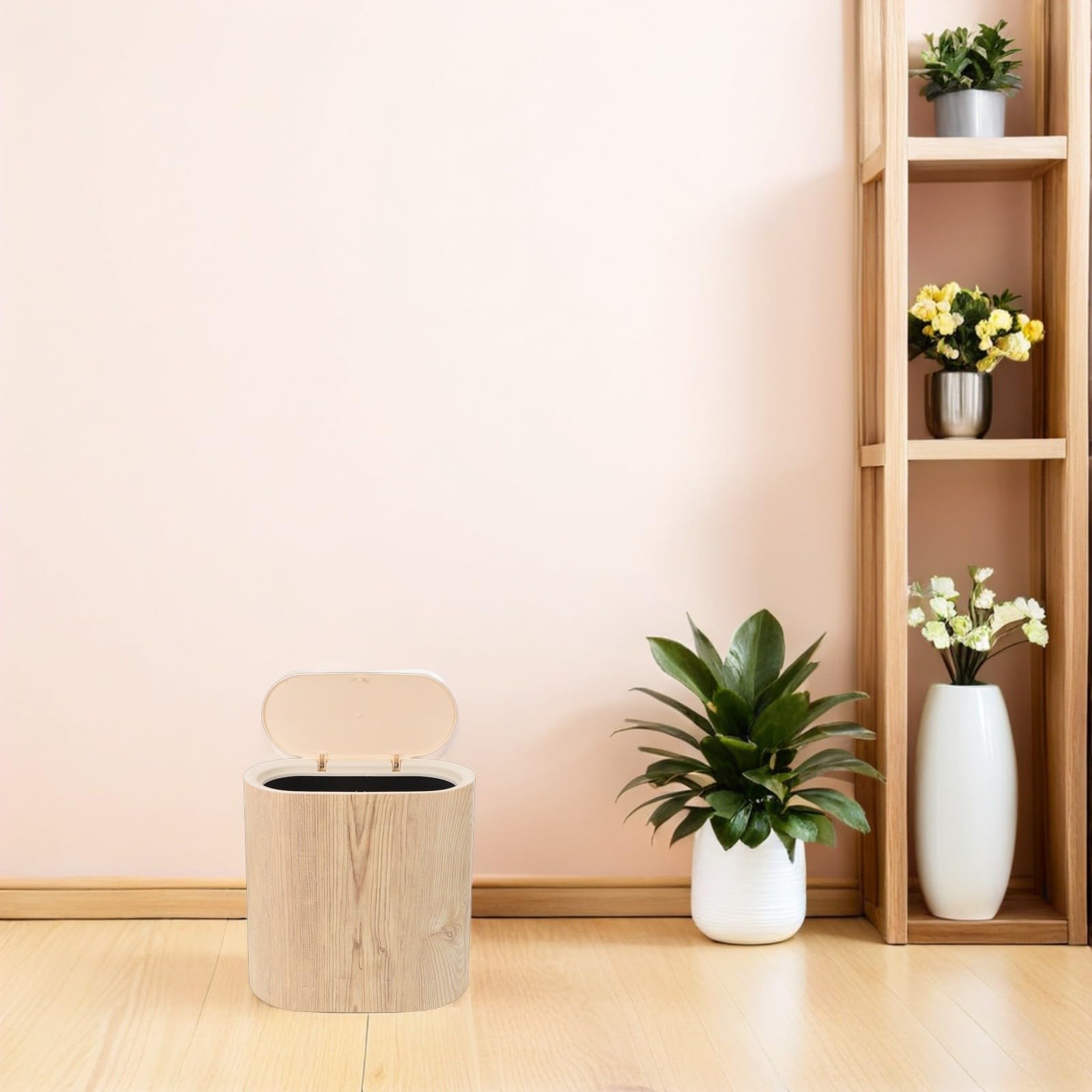 Papelera Estrecha para Baño y Oficina con Tapa a Presión Higiénica, Cubo de Basura de Plástico Beige Adecuado para Cocina y Espacios Reducidos