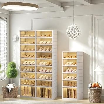 9 & 6 Layer Foldable Shoe Rack Organizer for Wardrobe 36 Pairs & 12 Pairs Plastic Shoe Rack Foldable Shoe Storage Box Clear Shoebox Stackable with Door Easy to assemble Shoe Cabinet with Lid Large Siz