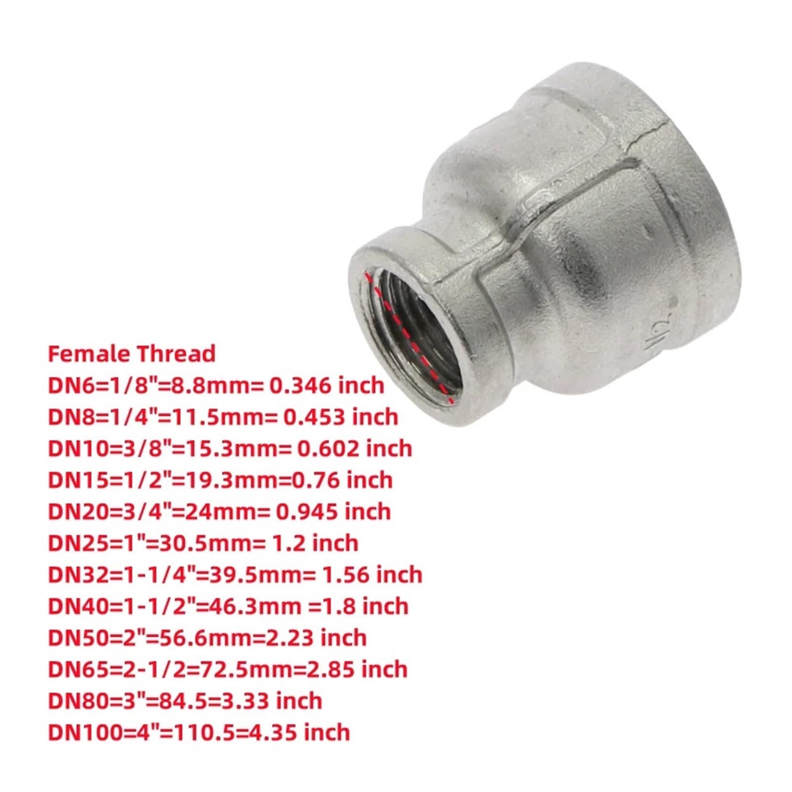 Adaptador de conector de tubería de acero inoxidable 304, reductor de rosca hembra a hembra BSP de 1/8", 1/4", 3/8", 1/2", 3/4", 1", 1-1/4", 1-1/2"(1/16"_FEMALE TO FEMALE)
