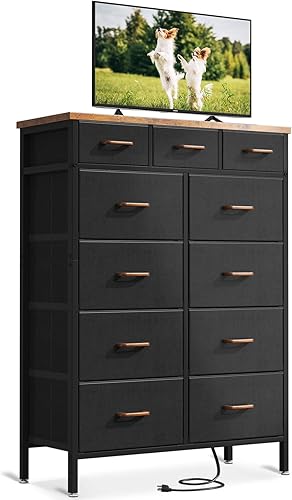 AODK Soporte de TV con estación de carga, soporte de TV de 52 pulgadas de alto para habitaciones con 11 cajones de almacenamiento, cajones de tela