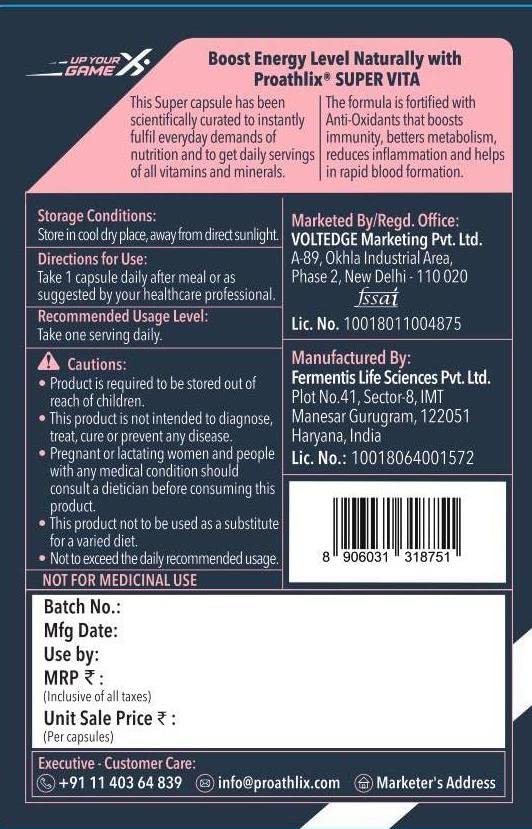 Image of Proathlix Super-Vita Multivitamin Capsules with Vitamin A, Vitamin B1, Vitamin E, Zinc & 60 Capsules, Supports General Health & Boost Immunity