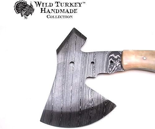 Miniatura 2 de Wild Turkey Handmade Damascus Steel Collection - Hacha de hoja fija de 9 pulgadas con funda de cuero incluida