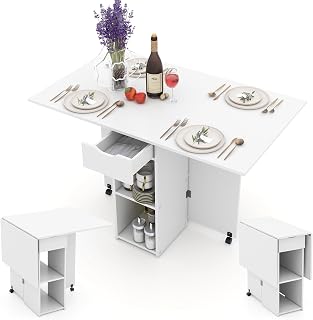 LIFEZEAL Mesa de Comedor Plegable 3 en 1, 120x77cm, Mesa de Cocina para 4-6 Personas, Mesa Extensible con 2 Ruedas, 1 Cajón, 2 Estantes, para Comedor, Sala de Estar (Blanco)