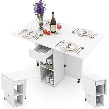 LIFEZEAL 3 in 1 Dining Table Kitchen Console Table 120x77cm 4-6 People Folding Extendable Table with 2 Wheels 1 Drawer 2 Shelves Wooden Dining Room Living Room Max 95kg White